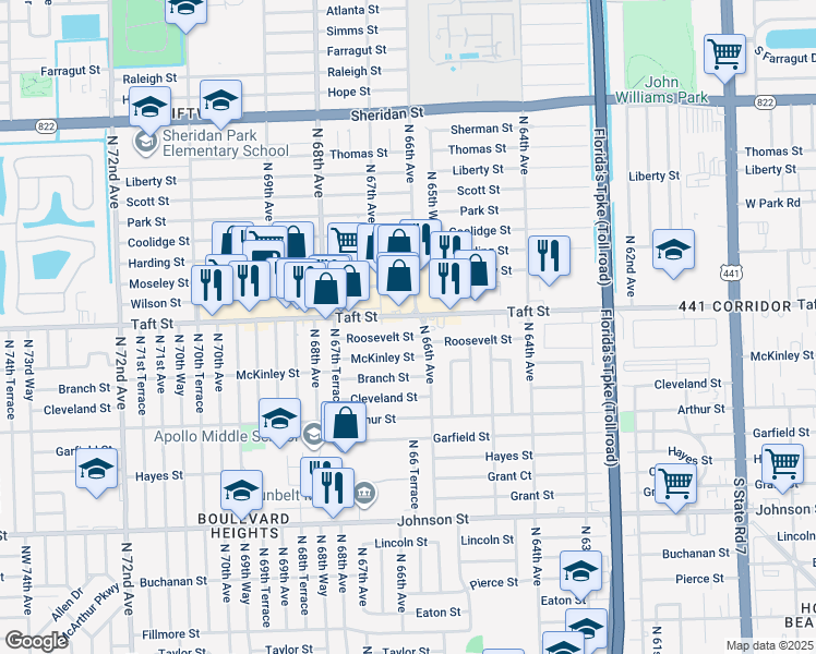 map of restaurants, bars, coffee shops, grocery stores, and more near 6650 Roosevelt Street in Hollywood
