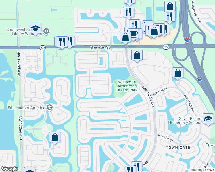 map of restaurants, bars, coffee shops, grocery stores, and more near 16212 Northwest 18th Street in Pembroke Pines