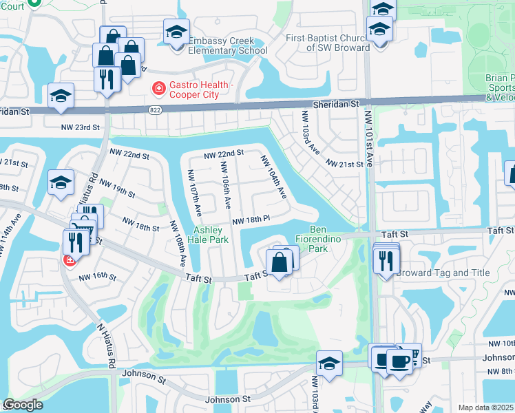 map of restaurants, bars, coffee shops, grocery stores, and more near 10481 Northwest 18th Place in Pembroke Pines
