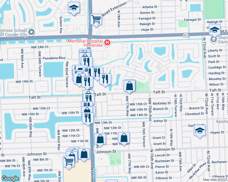 map of restaurants, bars, coffee shops, grocery stores, and more near 7898 Northwest 17th Place in Pembroke Pines