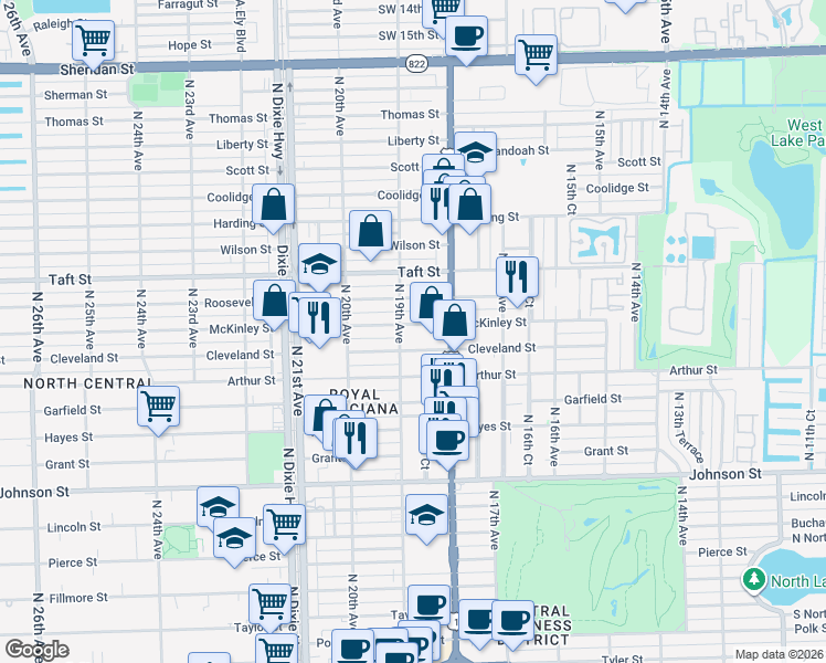 map of restaurants, bars, coffee shops, grocery stores, and more near 1843 Cleveland Street in Hollywood