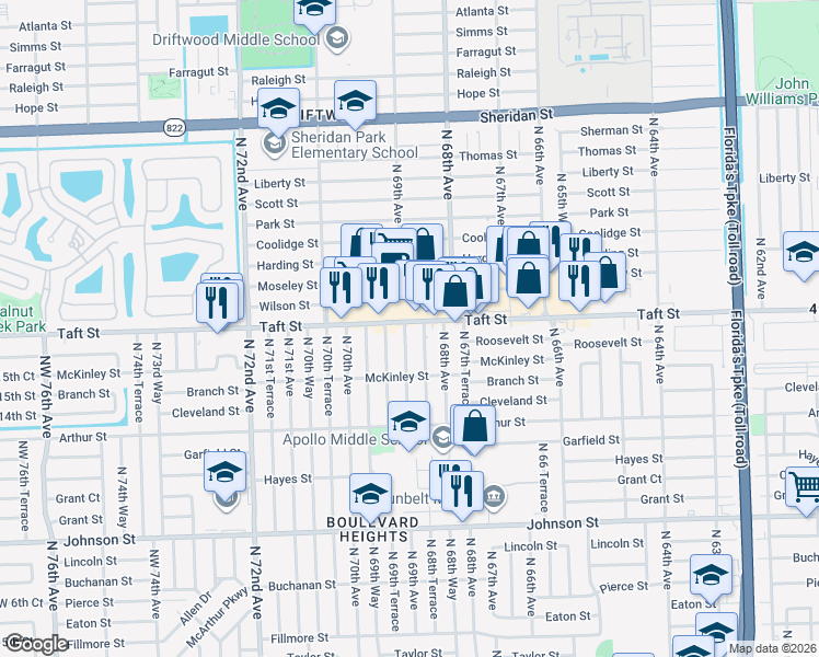 map of restaurants, bars, coffee shops, grocery stores, and more near 1601 North 69th Avenue in Hollywood