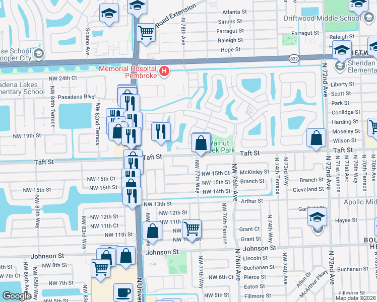 map of restaurants, bars, coffee shops, grocery stores, and more near 7750 Taft Street in Pembroke Pines
