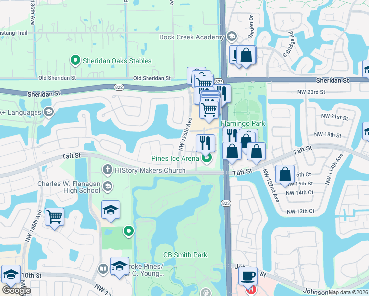 map of restaurants, bars, coffee shops, grocery stores, and more near 1752 Northwest 124th Place in Pembroke Pines