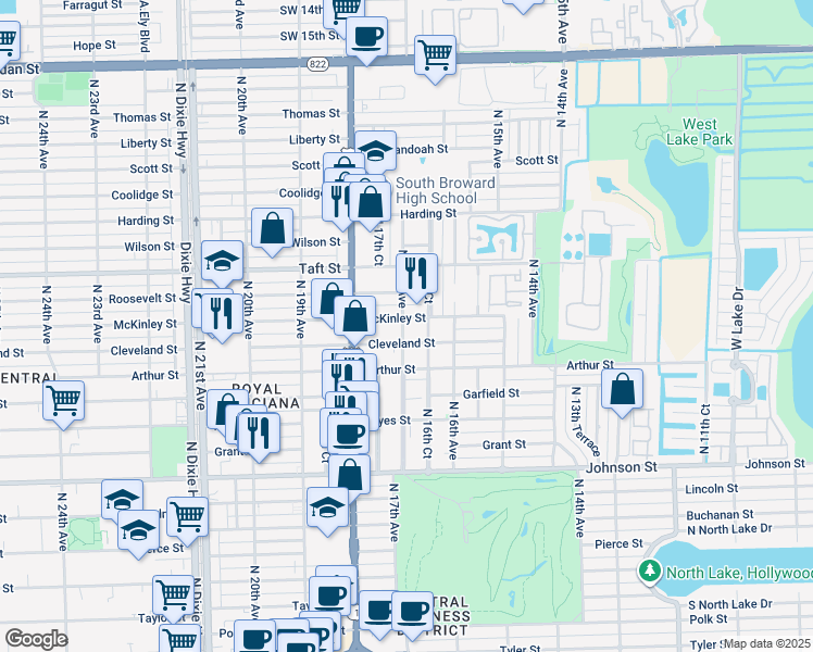 map of restaurants, bars, coffee shops, grocery stores, and more near 1628 Cleveland Street in Hollywood