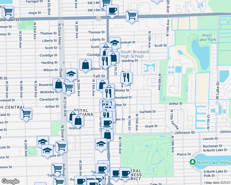 map of restaurants, bars, coffee shops, grocery stores, and more near 1723 Cleveland Street in Hollywood