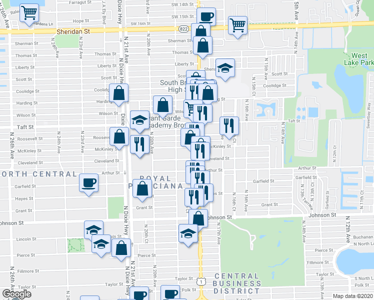 map of restaurants, bars, coffee shops, grocery stores, and more near 1843 Cleveland Street in Hollywood
