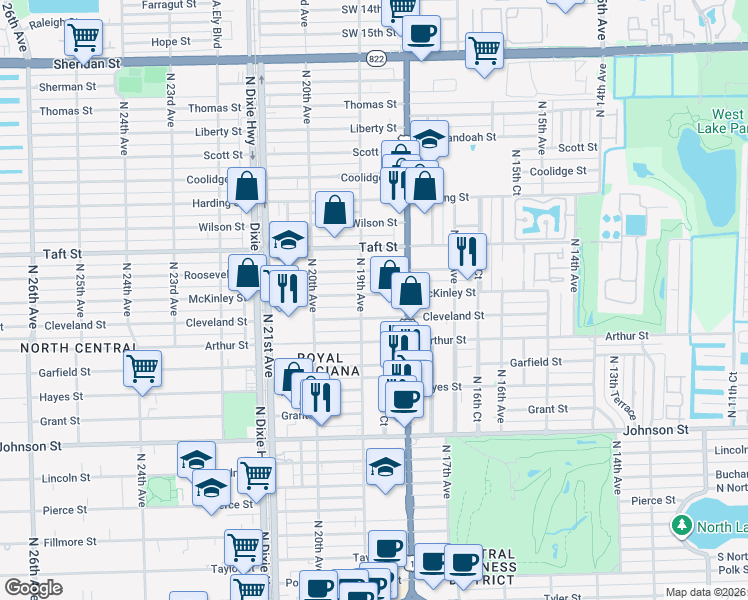 map of restaurants, bars, coffee shops, grocery stores, and more near 1843 Cleveland Street in Hollywood