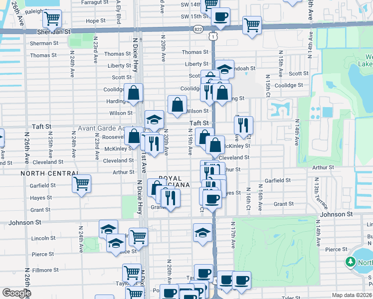 map of restaurants, bars, coffee shops, grocery stores, and more near 1843 Cleveland Street in Hollywood