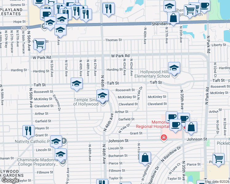 map of restaurants, bars, coffee shops, grocery stores, and more near 1500 East Hawthorne Circle in Hollywood