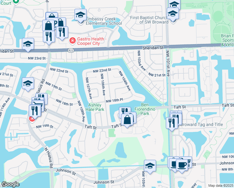 map of restaurants, bars, coffee shops, grocery stores, and more near 10481 Northwest 18th Place in Pembroke Pines