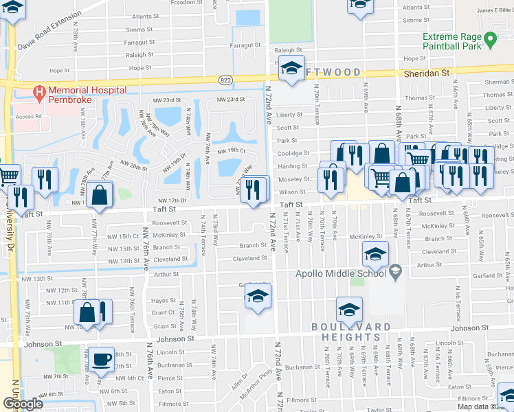 map of restaurants, bars, coffee shops, grocery stores, and more near 1431 North 72nd Avenue in Hollywood