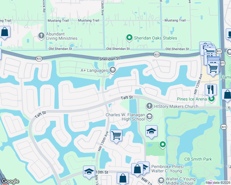 map of restaurants, bars, coffee shops, grocery stores, and more near 13294 Northwest 18th Street in Pembroke Pines