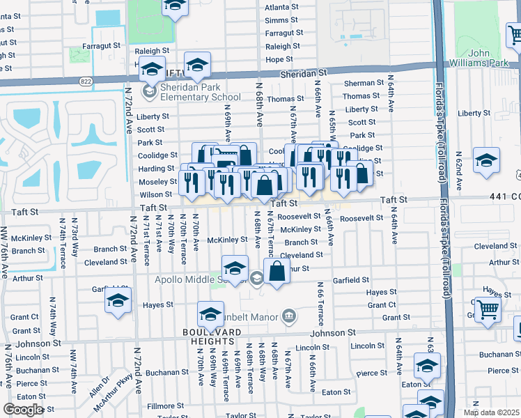 map of restaurants, bars, coffee shops, grocery stores, and more near 1601 North 68th Avenue in Hollywood