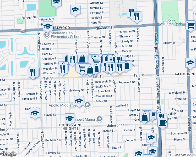 map of restaurants, bars, coffee shops, grocery stores, and more near 6750 Roosevelt Street in Hollywood