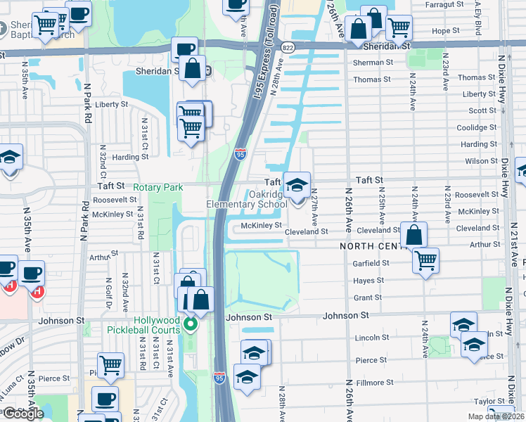map of restaurants, bars, coffee shops, grocery stores, and more near 1614 North 28th Court in Hollywood