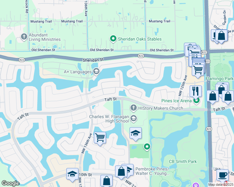 map of restaurants, bars, coffee shops, grocery stores, and more near 1837 Northwest 131st Avenue in Pembroke Pines