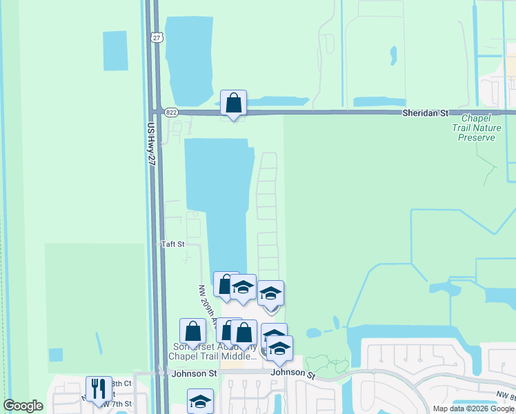 map of restaurants, bars, coffee shops, grocery stores, and more near 1998 Northwest 208th Way in Pembroke Pines