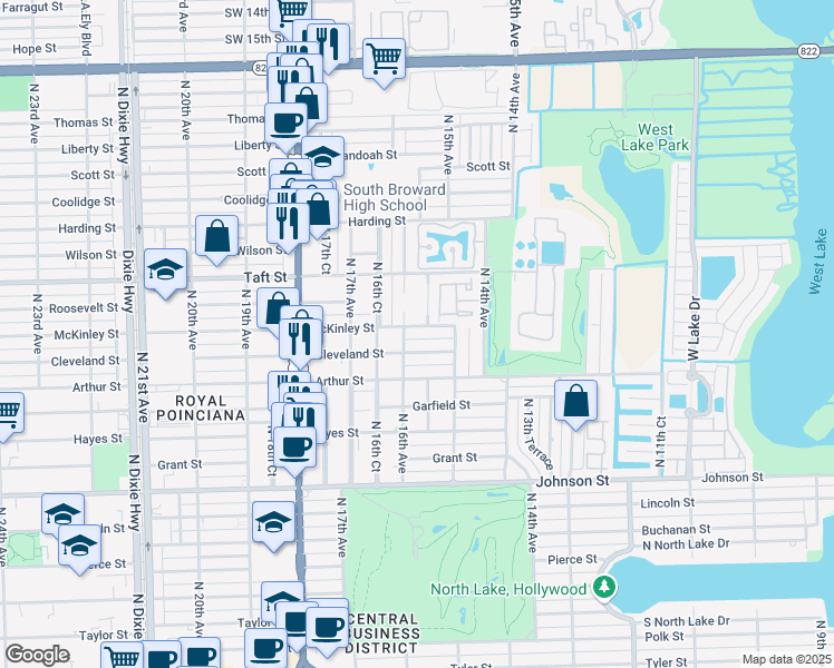 map of restaurants, bars, coffee shops, grocery stores, and more near 1600 Taft Street in Hollywood