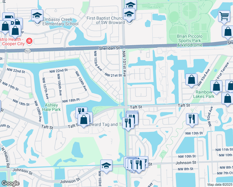 map of restaurants, bars, coffee shops, grocery stores, and more near 10170 Oleander Court in Pembroke Pines