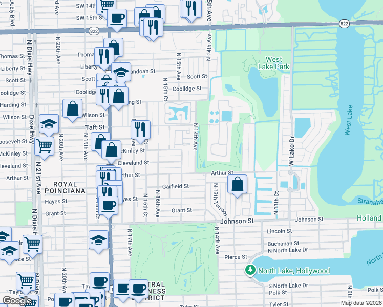map of restaurants, bars, coffee shops, grocery stores, and more near 1545 North 14th Terrace in Hollywood