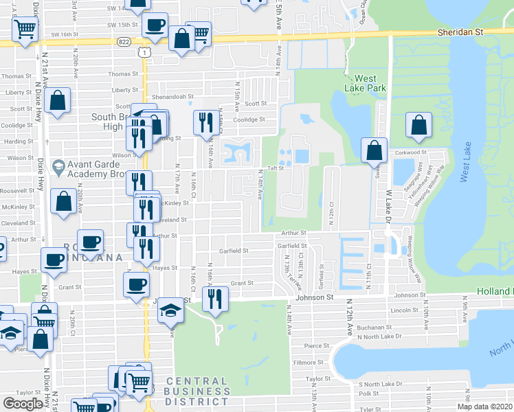 map of restaurants, bars, coffee shops, grocery stores, and more near 1545 North 14th Terrace in Hollywood