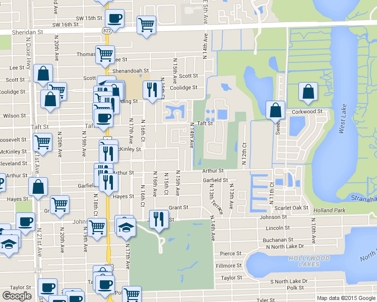 map of restaurants, bars, coffee shops, grocery stores, and more near 1545 North 14th Terrace in Hollywood