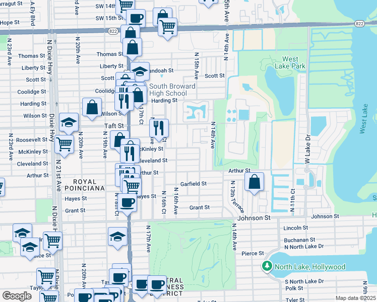 map of restaurants, bars, coffee shops, grocery stores, and more near 1529 Gabriel Street in Hollywood