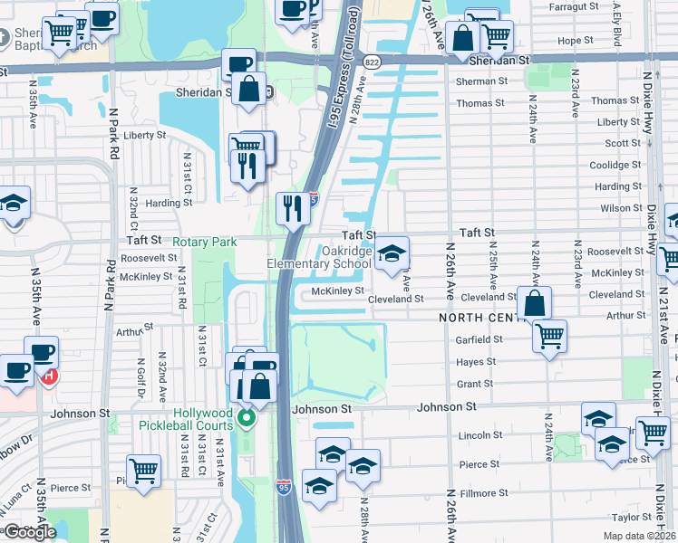 map of restaurants, bars, coffee shops, grocery stores, and more near 1614 North 28th Court in Hollywood