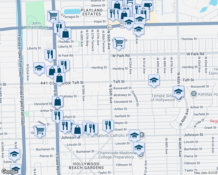 map of restaurants, bars, coffee shops, grocery stores, and more near 5602 Taft Street in Hollywood