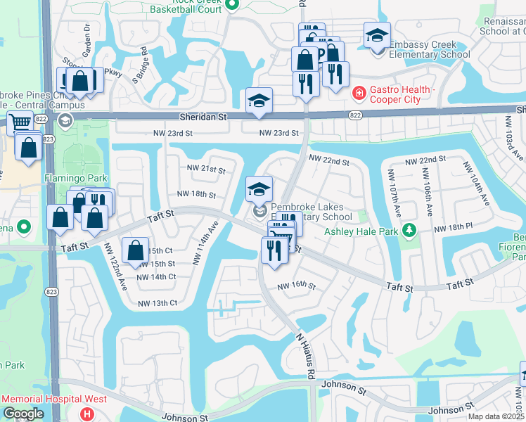 map of restaurants, bars, coffee shops, grocery stores, and more near 11251 Taft Street in Pembroke Pines