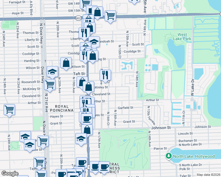 map of restaurants, bars, coffee shops, grocery stores, and more near 1508 North 16th Court in Hollywood