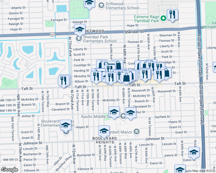 map of restaurants, bars, coffee shops, grocery stores, and more near 2700 Northwest 69th Terrace in Hollywood