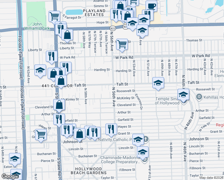 map of restaurants, bars, coffee shops, grocery stores, and more near 5602 Taft Street in Hollywood