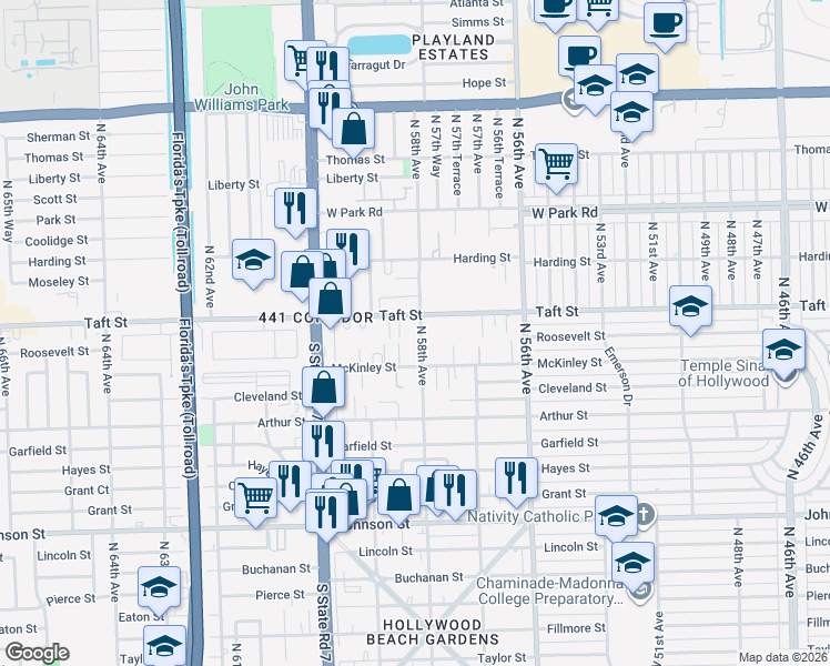 map of restaurants, bars, coffee shops, grocery stores, and more near 5815 Taft Street in Hollywood
