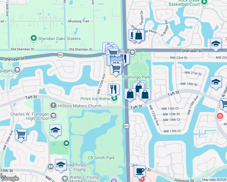 map of restaurants, bars, coffee shops, grocery stores, and more near 12448 Northwest 17th Manor in Pembroke Pines