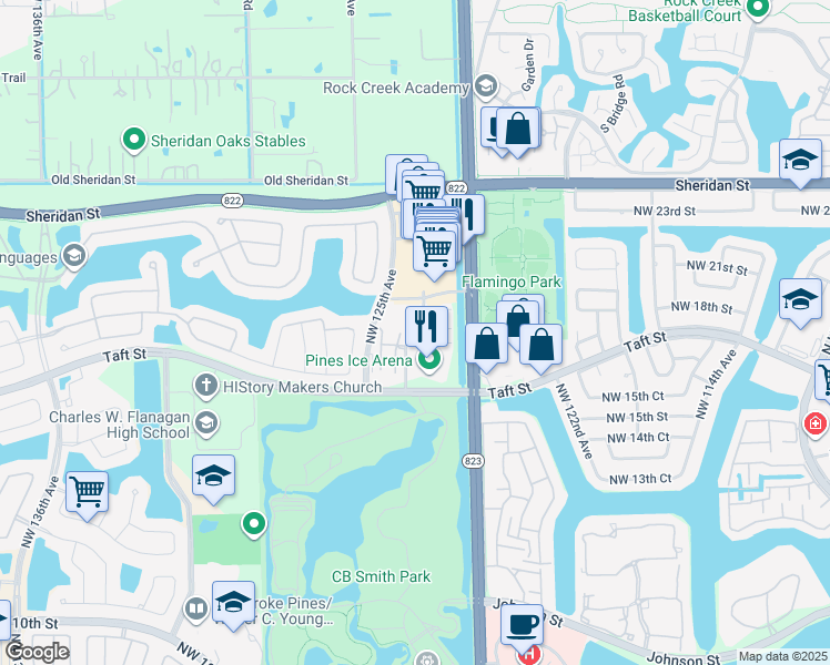 map of restaurants, bars, coffee shops, grocery stores, and more near 12468 Northwest 17th Manor in Pembroke Pines