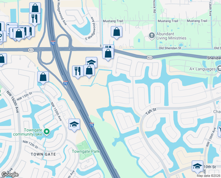 map of restaurants, bars, coffee shops, grocery stores, and more near 1878 Northwest 145th Terrace in Pembroke Pines