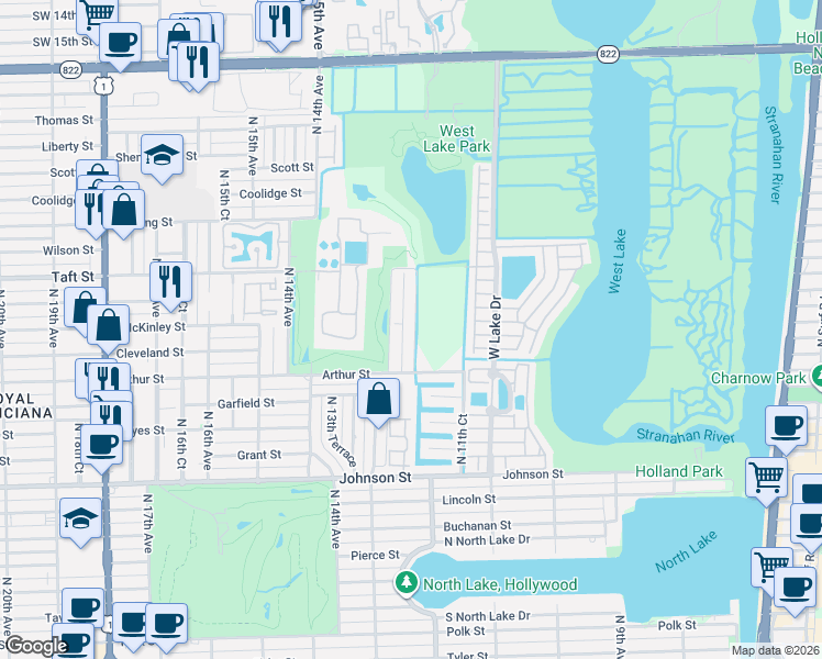 map of restaurants, bars, coffee shops, grocery stores, and more near 1455 North 12th Court in Hollywood