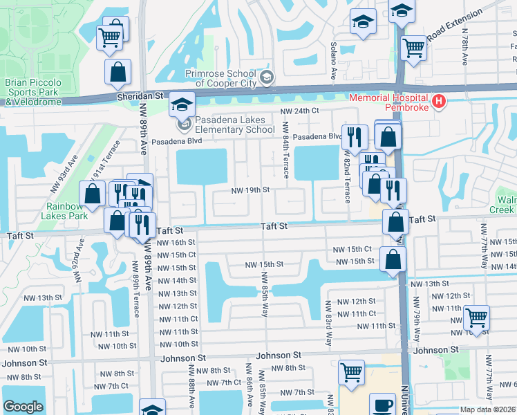 map of restaurants, bars, coffee shops, grocery stores, and more near 1810 Northwest 85th Way in Pembroke Pines