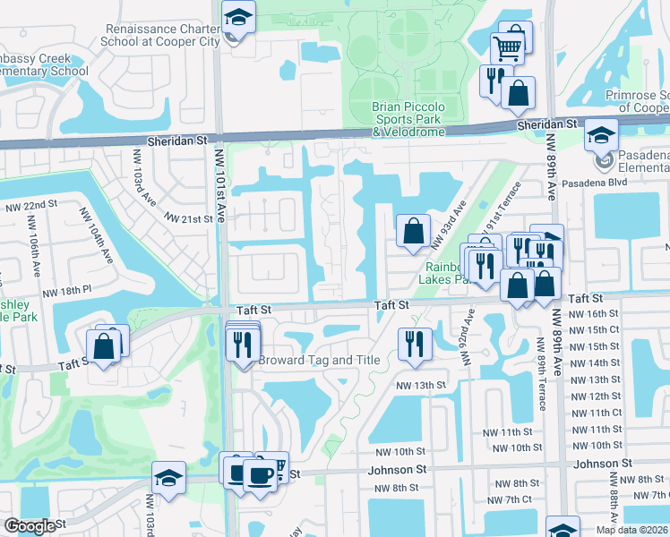 map of restaurants, bars, coffee shops, grocery stores, and more near 1800 Bayberry Drive in Pembroke Pines