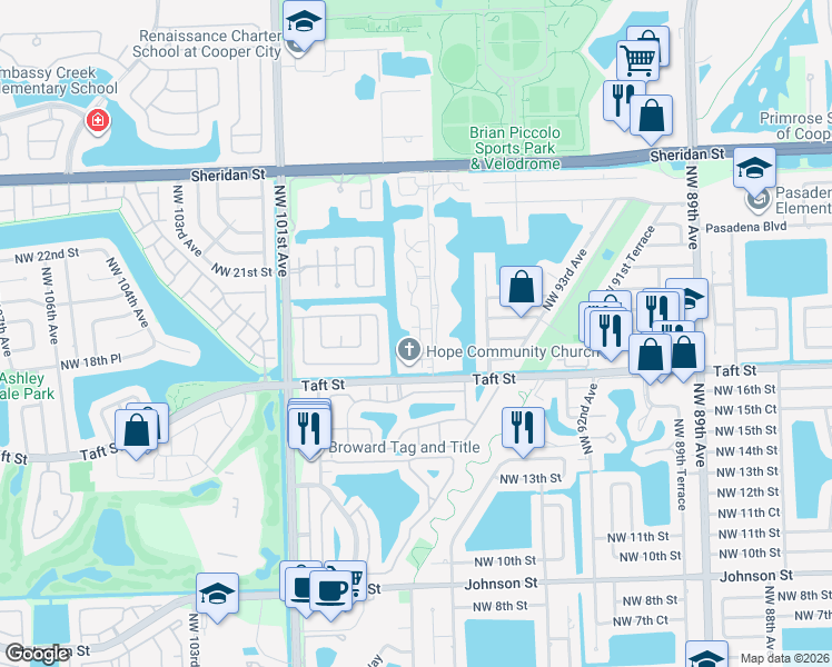 map of restaurants, bars, coffee shops, grocery stores, and more near 1800 Bayberry Drive in Pembroke Pines