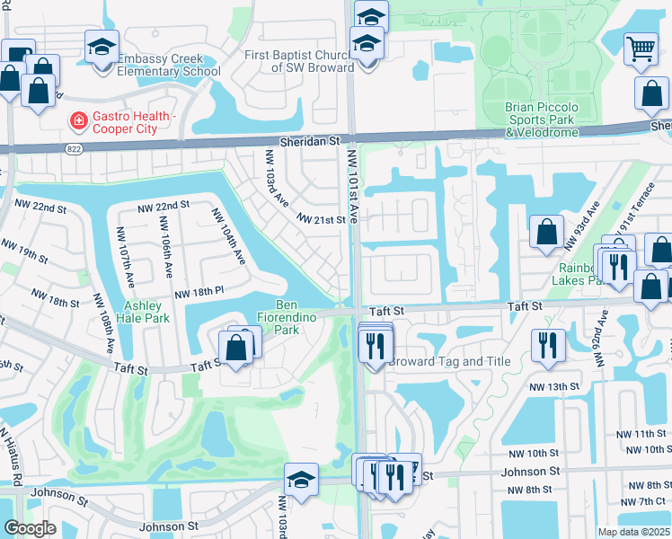 map of restaurants, bars, coffee shops, grocery stores, and more near 10170 Oleander Court in Pembroke Pines