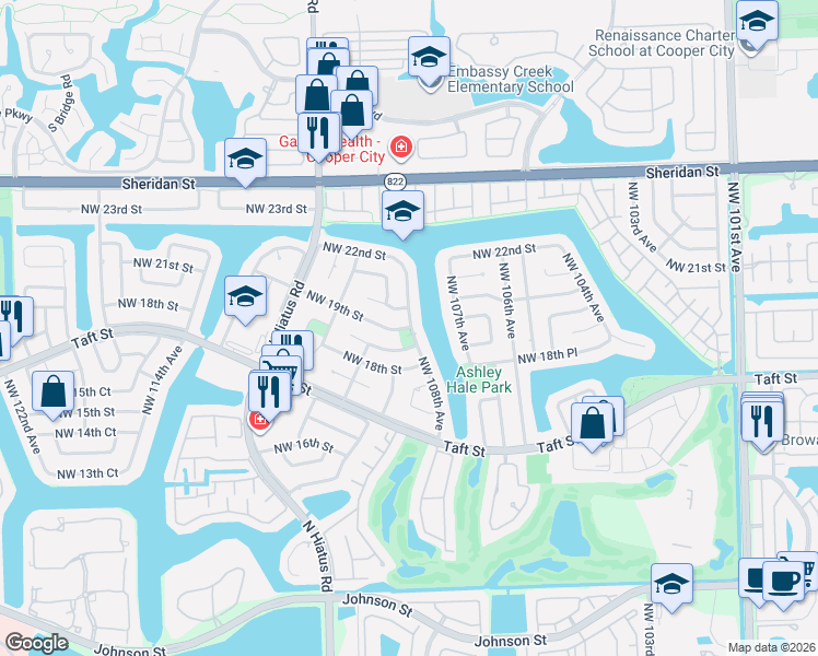 map of restaurants, bars, coffee shops, grocery stores, and more near 10800 Northwest 20th Street in Pembroke Pines