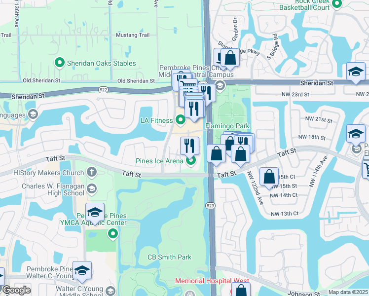 map of restaurants, bars, coffee shops, grocery stores, and more near 12444 Northwest 18th Court in Pembroke Pines