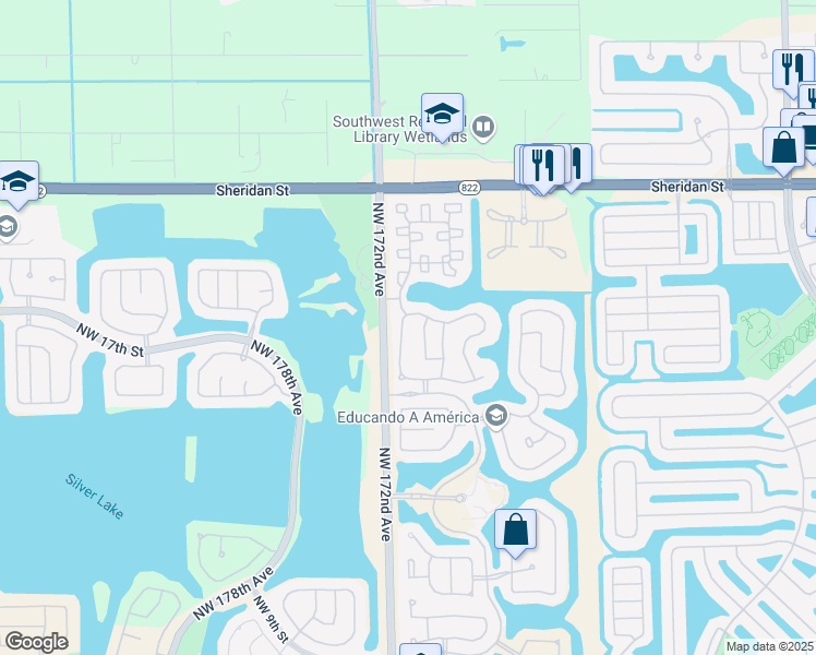 map of restaurants, bars, coffee shops, grocery stores, and more near 17093 Northwest 20th Street in Pembroke Pines
