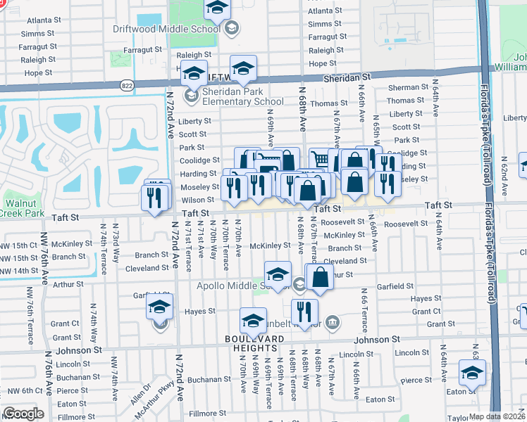 map of restaurants, bars, coffee shops, grocery stores, and more near 11348 Taft Street in Hollywood