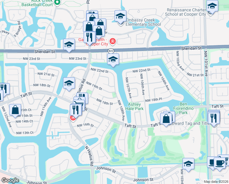 map of restaurants, bars, coffee shops, grocery stores, and more near 10800 Northwest 20th Street in Pembroke Pines