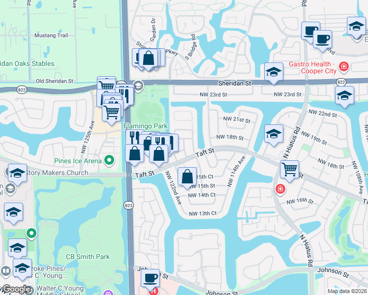 map of restaurants, bars, coffee shops, grocery stores, and more near 1820 Northwest 119th Avenue in Pembroke Pines
