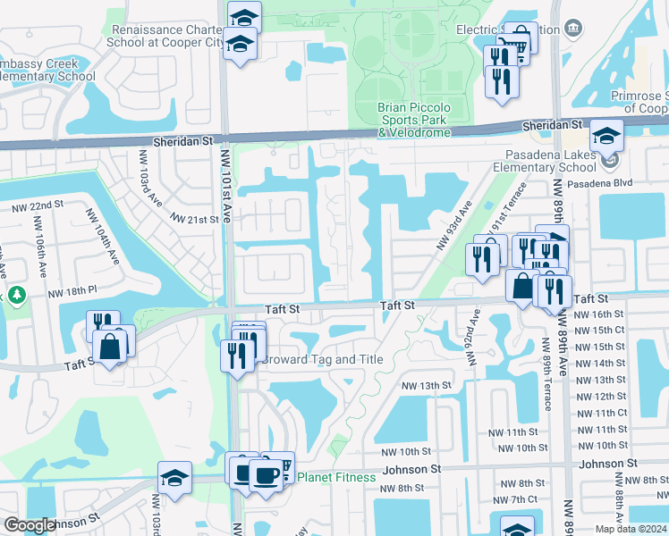 map of restaurants, bars, coffee shops, grocery stores, and more near 1800 Bayberry Drive in Pembroke Pines